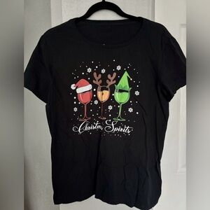 Christmas BlackTshirt With Graphic Print Drinking Glasses Santa Elf Reindeer
